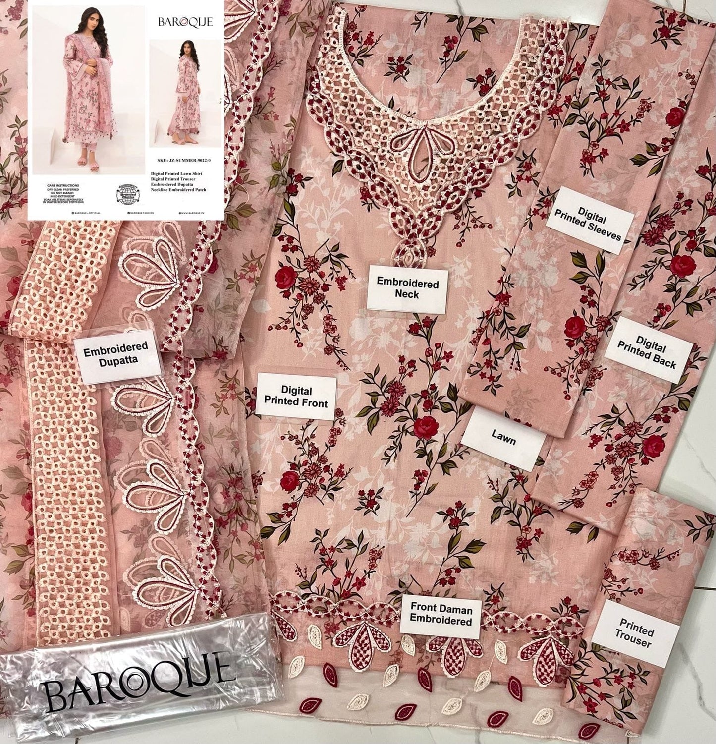 Baroque Embroidered Printed Lawn 3pc (SL-931)