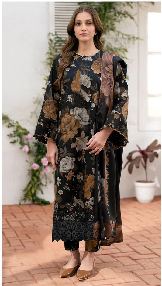 BAROQUE DAMAN APLIC WORK PRINTED-EMBROIDERED LINEN UNSTICHED 3PC (SL-2384)