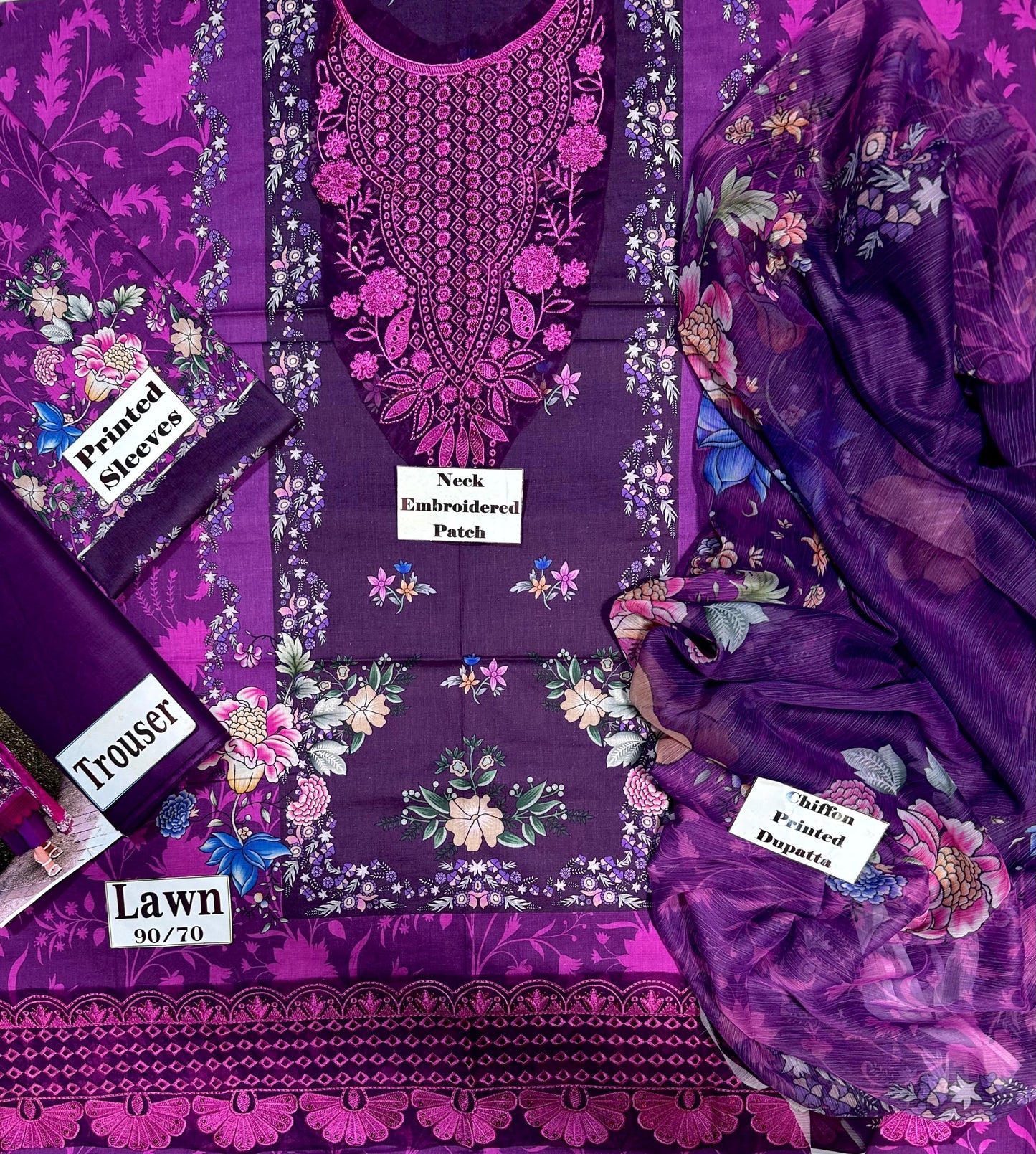 DAMASK BY AFROZEH PRINT 3pc WITH EMBROIDERED PATCHES