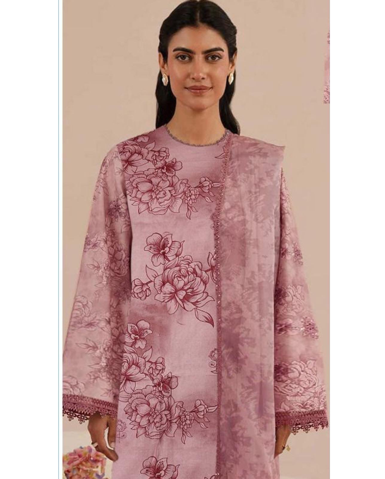 BAROQUE LUXE DAMAN APLIC WORK PRINTED-EMBROIDERED UNSTICHED LINEN 3PC (SL-522)