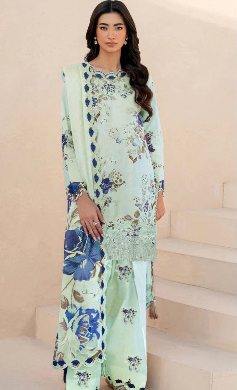 IZNIK LUXE DAMAN APLIC PRINTED-EMBROIDERED UNSTICHED LINEN 3PC (SL-526)