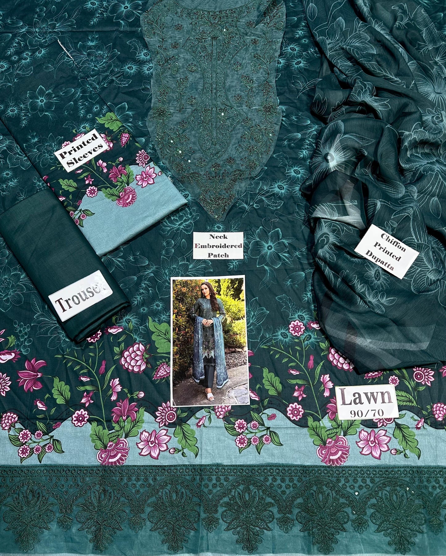 DAMASK BY AFROZEH PRINT WITH EMBROIDERED PATCHES LAWN 3pc SL-0802