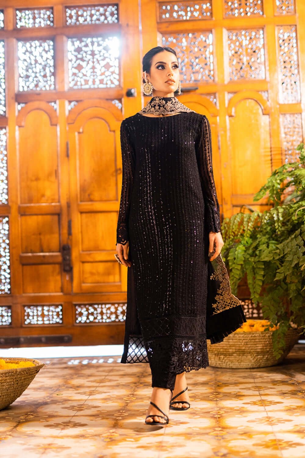 ONYX DOVE - AFROZEH LUXE 3PC UNSTICHED CHIFFON EMBROIDERED FORMAL DRESS (SL-1327)
