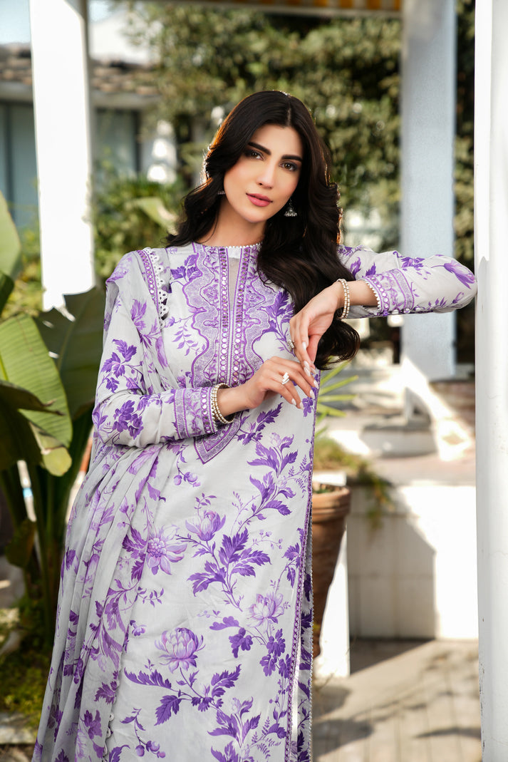 Purple Bloom Lawn Unstiched 3pc Printed With Patches SL-1955