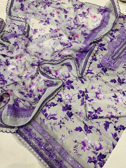 Purple Bloom Lawn Unstiched 3pc Printed With Patches SL-1955