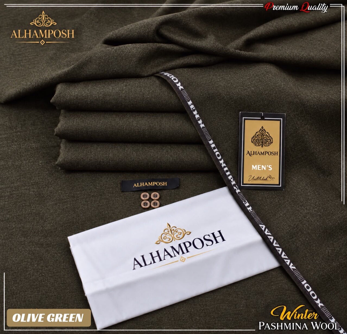 ALHAMPOSH Premium Winter Wool Men's Unstitched Suit in Olive Green